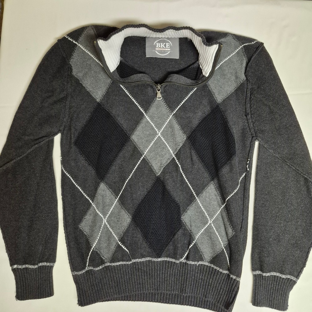 BKE Standard Fit Mens Argyle Quarter Zip Sweater Charcoal Grey Size L‎